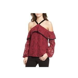 WAYF Women Helena Lace Top Blouse Burgundy Size M